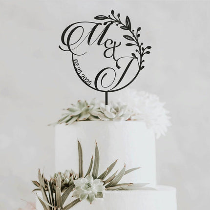 Boho Wedding Cake Topper with Rustic Floral Wreath – Personalized Mr & Mrs Name Sign – Custom Wood or Acrylic Cake Topper