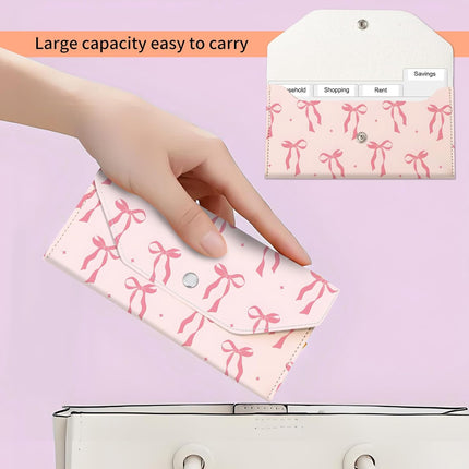 Cash Envelope Wallet, Reusable Budget Money Wallet, Cute PU Leather Money Saving Wallet with 4 Dividers & 1 Sheets Category Stickers Pink Ribbon Bows