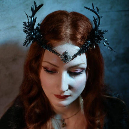 MOSTORY Black Flower Antler Crown - Dark Reindeer Headpiece Gothic Elf Circlet Deer Horns Headband for Women Cosplay Renaissance Goth Wedding Renfaire Accessory