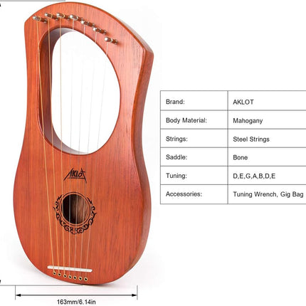 7 String Lyre Harp, AKLOT 7 Metal Strings Lye Harp Bone Saddle Mahogany with Tuning Wrench and Black Gig Bag