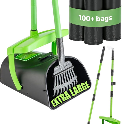 40.16" Pooper Scooper Set – Swivel Bin & Rake Kit with 100 Waste Bags