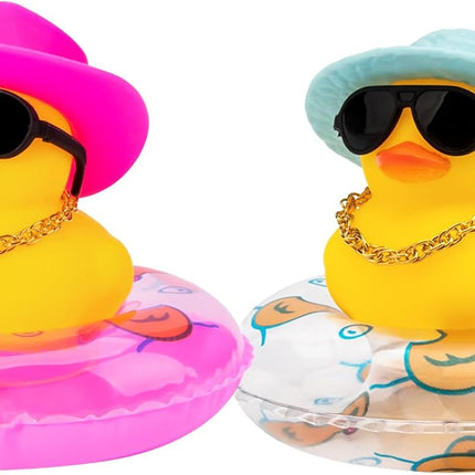 wonuu Car Rubber Duck 2Pcs Duck Car Decoration Dashboard Car Ornament for Car Dashboard Decoration Accessories with Mini Swim Ring Sun Hat Necklace Sunglasses, Blue Sun Hat&Pink Cowboy Hat&Transparent