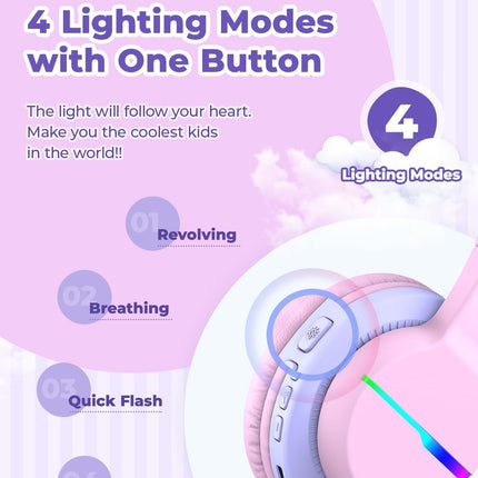 iClever BTH12 Kids Bluetooth Headphones,Colorful LED Lights,74/85dBA Safe Volume,85H Playtime,Bluetooth 5.2,Over Ear Headphones Built-in Mic for iPad/Tablet/Airplane,Blossom Pink