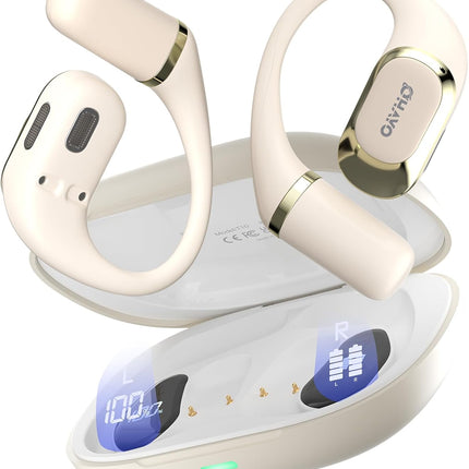 OHAYO Open Ear Headphones,Earbuds with Ergonomic Earhook,Bluetooth Headphones 5.4 with Smart Digital Display,40H Playtime,IPX6 Waterproof,Touch Control Earphones Fit Cycling,Running,Workout(Beige)