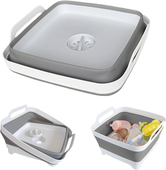 Collapsible Wash Basin with Drain Plug - 2.4 Gallon Foldable Kitchen Sink for Baby Bottles, RV Camping, Space-Saving