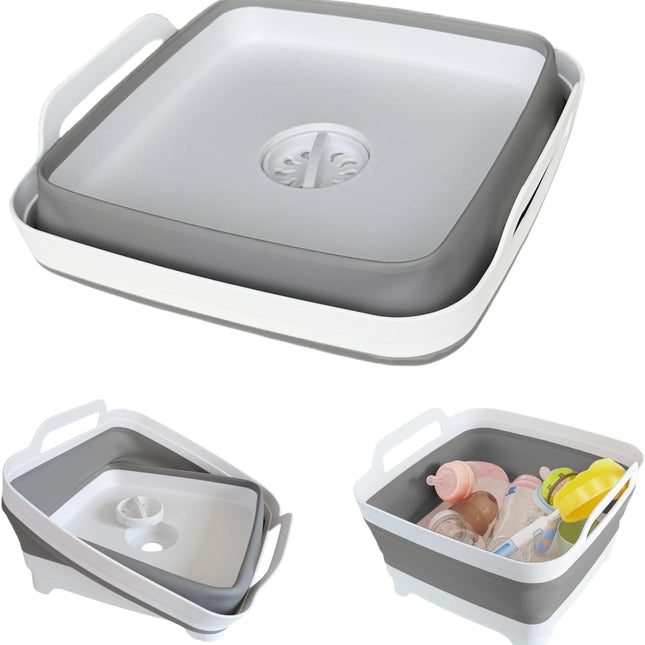 Collapsible Wash Basin with Drain Plug - 2.4 Gallon Foldable Kitchen Sink for Baby Bottles, RV Camping, Space-Saving Dish Tub (Gray)
