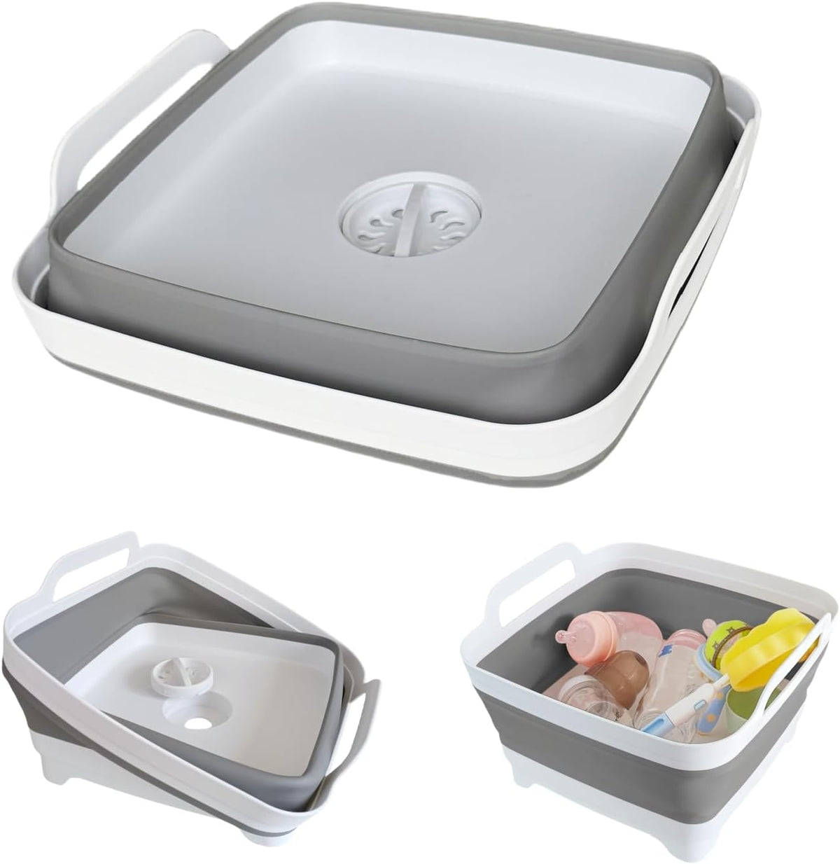 Collapsible Wash Basin with Drain Plug - 2.4 Gallon Foldable Kitchen Sink for Baby Bottles, RV Camping, Space-Saving