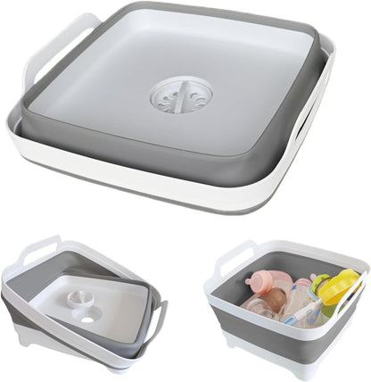 Collapsible Wash Basin with Drain Plug - 2.4 Gallon Foldable Kitchen Sink for Baby Bottles, RV Camping, Space-Saving