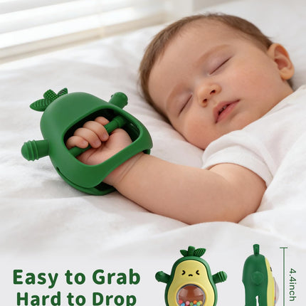 Baby Teething Toys, Easy Hold Stay-On Silicone Hand Mitten Teether with Rattle, Sensory Teething Relief for 3–6 and 6–12 Month Babies