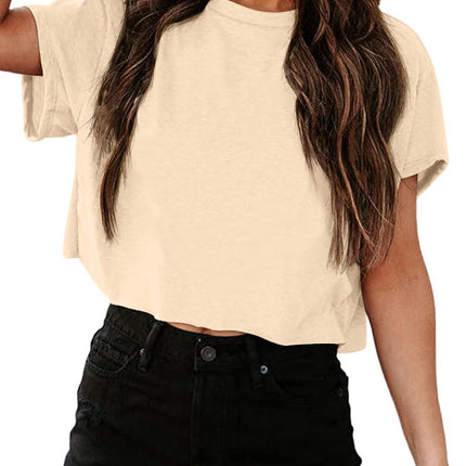 Camisetas cortas de manga corta para mujer, cuello redondo, top básico de verano