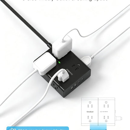 One Beat Surge Protector Power Strip, 6 Ft Ultra Thin Flat Extension Cord with 8 Outlets 4 USB Ports(2 USB C), Flat Plug Power Strip, White Power Strip for Home, Office, Dorm Room Essentials, Black