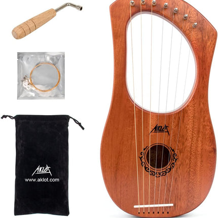 7 String Lyre Harp, AKLOT 7 Metal Strings Lye Harp Bone Saddle Mahogany with Tuning Wrench and Black Gig Bag