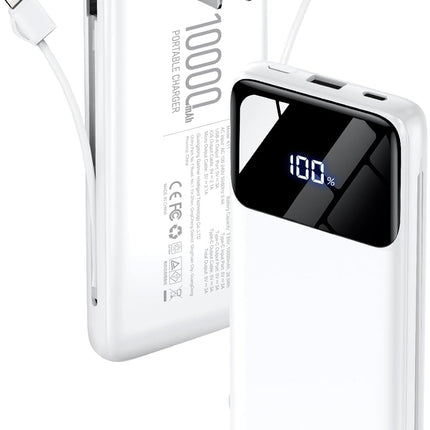 Portable Charger Power Bank with Built-in Cables and Wall Plug, 10000mAh Slim USB-C Battery Pack, Fast Charging Travel Essential Portable Phone Charger Compatible with iPhone, Samsung (Snow)
