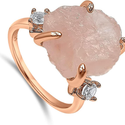 Raw Crystal Ring Birthstone Rose Gold and Quartz Solitaire Jewelry gift for her Christmas Mothers Day Birthday Valentine Statement Ring Gift Uniquelan Jewelry