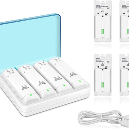 Wii Remote Battery Charger,4 in 1 Charging Station with 4 Pack 2800mAh Rechargeable Battery,USB Cable for Wii/Wii U Remote Controller (White)
