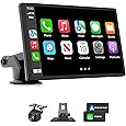 Carplay Screen for Car, 7" Wireless Carplay & Android Auto, Portable HD Touchscreen with Mirror Link, GPS Navigation, Voice Control, Hands-Free Calling, Bluetooth/AUX/FM, Plug & Play Car Play Screen