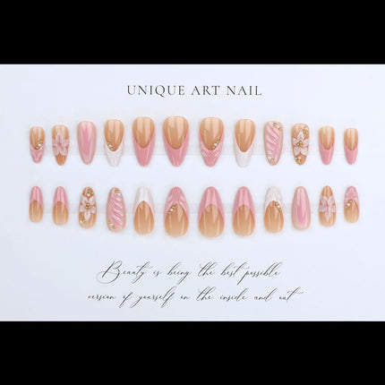 LPOODDNU 3D Pink Press on Nails Almond - Medium French Tip Fake Nails with Embossed Flower&Gold Bead Designs, Glossy Finish Reusable False Nails with Glue Tabs - 24Pcs Nail Kit for Women Manicure