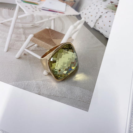 Chunky Square Crystal Glass Stainless Steel Statement Ring for Women Men Gold-Tone Plated Exaggerated Large Geometric Green Cubic Zirconia Finger Band Knuckle Rings Cocktail Prom Fashion Jewelry