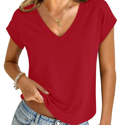Womens Crop Tops V Neck Short Sleeve T Shirts Summer Basic Tee