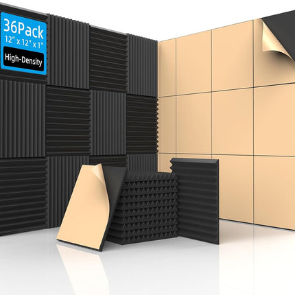 SD SODOCT 36 Pack Acoustic Foam Panels with Self Adhesive 12" X 12" X 1" Sound Proof Foam Panels for Walls High Density Wedge Soundproof Wall Panels for Studio Office Gaming Room