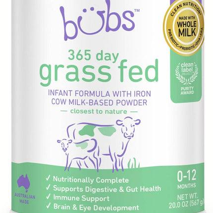 Bubs 365 Day Grass Fed Infant Formula with Iron, Cow Milk-Based Powder for Infants 0-12 Months, Made with Non-GMO Milk, 20 oz