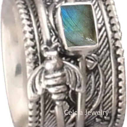 Solid 925 Sterling Silver Honey Bee Spinner Meditation Ring, Natural Abalone Shell Gemstone Ring