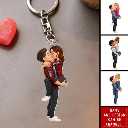 Kissing Couple - Personalized Keychain, Gift For Couple, Custom Name Couple Hugging Kissing Keyring For Anniversary, Husband Wife Valentine Charm, Relationship Keepsake, Wedding Present For Him Her