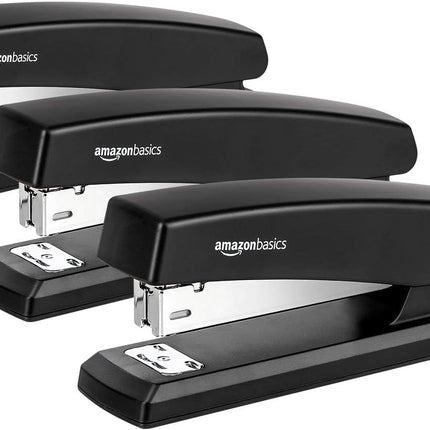 Amazon Basics Desktop Office Stapler, Lightweight, 25 Sheet Capacity, Non-Slip, Black, 3-Pack with 1000 Staples