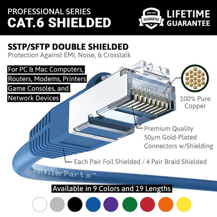 InstallerParts (10 Pack Ethernet Cable CAT6 Cable Shielded (SSTP/SFTP) Booted 1 FT - Blue - Professional Series - 10Gigabit/Sec Network/High Speed Internet Cable, 550MHZ