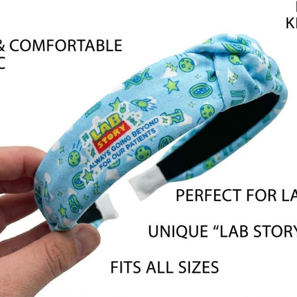 2026 Lab Week Official Theme Handmade Headband, Light Blue Background with Lab Themed Icon Pattern, Lab Week Gift