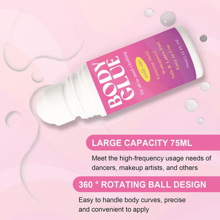 Strong Hold Body Glue for Skin and Fabric, Roll On Clothing Adhesive for Dresses and Dance Costumes, Sweat Resistant Fashion Glue for Socks, Strapless Tops, Performance Wear, 75ml