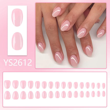 Light Pink Press On Nails Short Almond Fake Nails Solid Color Glossy Full Cover Stick On Nail for Women Manicure 32Pcs