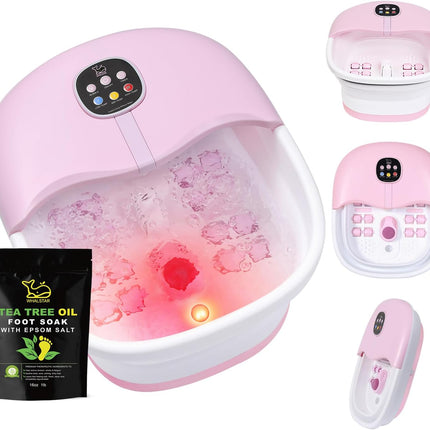 Collapsible Foot Spa Bath Massager with Heat Bubbles and Vibration Massage and Jets, 16oz Tea Tree Oil Foot Soak with Epsom Salt, Foot Bath Basin with Red Light & Remote - Pink