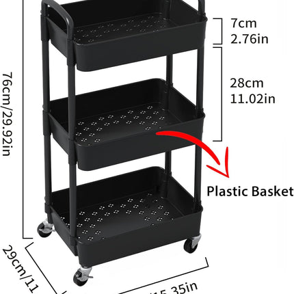 Sywhitta 3-Tier Plastic Rolling Utility Cart with Handle, Multi-Functional Storage Trolley for Office, Living Room, Kitchen, Movable Storage Organizer with Wheels, Black