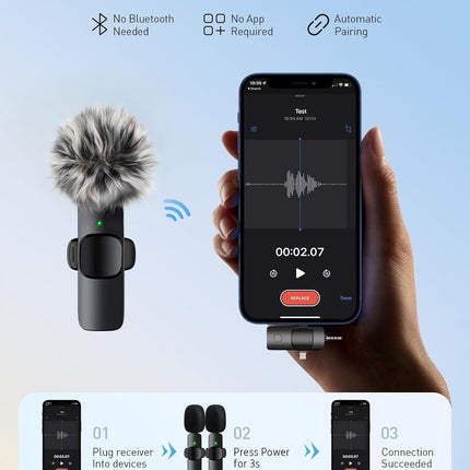 MENERESAS 3-in-1 Mini Microphone for iPhone: Wireless Lavalier Microphones for iOS/Android/Camera - Noise Reduction Lapel Mic, Clip on Mic for Video Recording Vlog, YouTube
