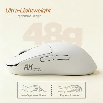 RK ROYAL KLUDGE RK MO3 Wireless Gaming Mouse, 48g Lightweight Computer Mouse, Bluetooth/2.4G/Wired Rechargeable PC Game Mice with Programmable Buttons and Silent Clicks, 6000 DPI for Laptop/Mac, White