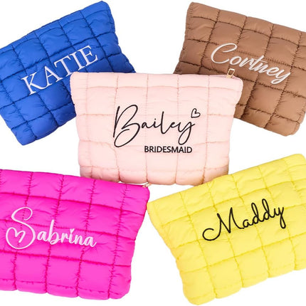 Personalized Quilted Nylon Makeup Bag, Custom Stylish Embroidered Name Cosmetic Pouch, Bridesmaid Gift, Portable Cute Travel Toiletry Bag for Women Girls, Organizer Storage for Travel, Gift for Her