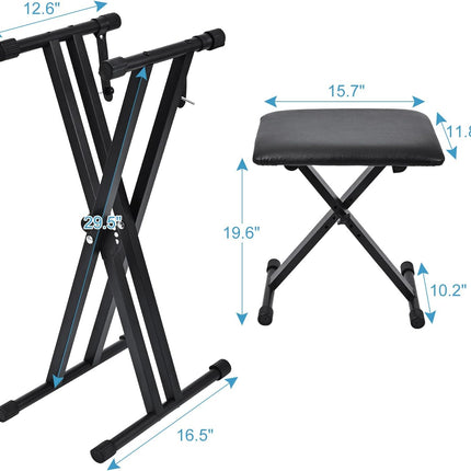 Keyboard Stand & Bench Set, Upgrade Heavy Duty Double-X Keyboard Stand, Adjustable & Portable Digital Piano Stand with Locking Straps