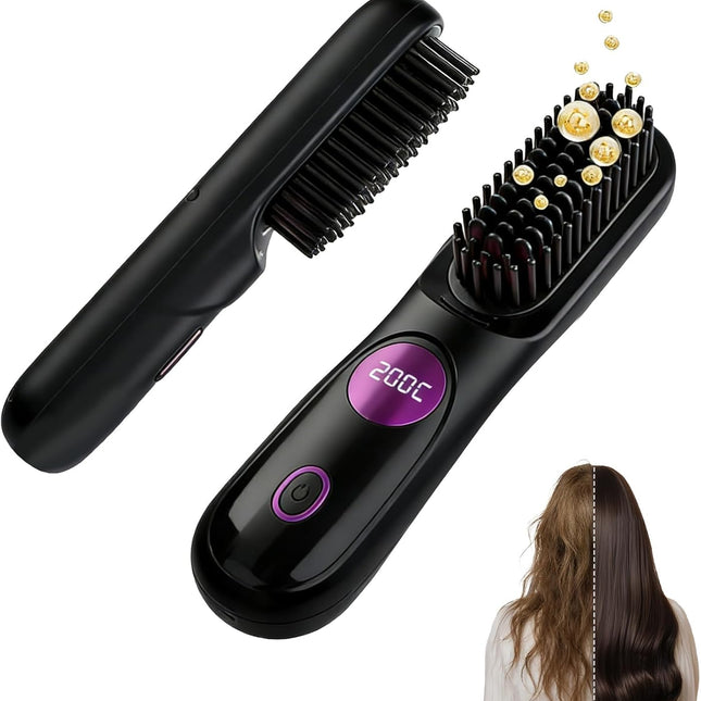 Pro for Short Hair, 2026 Upgraded Hair Straightener Brush, Portable Cordless Straightener Brushs for Travel, Fast Heating Hair Straightener with LCD Temperature Display, Travel Gift (Black)