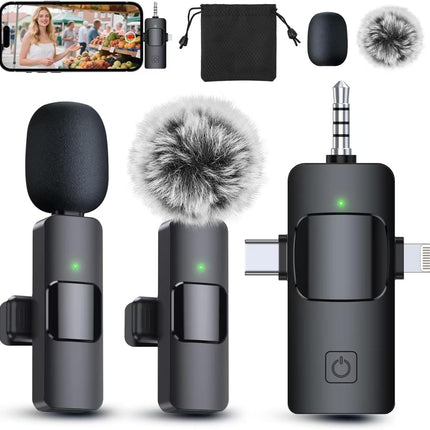 PQRQP 3 in 1 Professional Wireless Lavalier Microphone for iPhone, Android, Camera, Wireless Microphones, Mini Microphone, Crystal Clear Sound Quality for Recording, Live Streaming, Microphone Clips