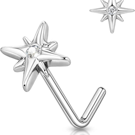 Nose Rings Studs for Women, 20G Gold Silver Nose Studs Hypoallergenic Surgical Steel Nose Ring L Shaped Small Diamond Nose Rings Cute CZ Star Flower Butterfly Nose Stud Nostril Piercing Jewelry