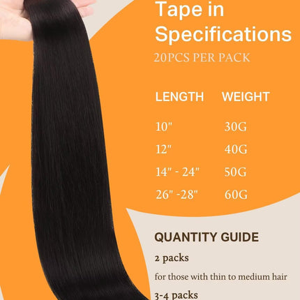 DOORES Human Hair Extensions, Jet Black 20 Inch 50g 20pcs, Tape in Hair Extensions Skin Weft Seamless Tape in Real Remy Straight Hair for Women
