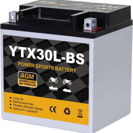 YTX30L-BS Motorcycle Battery 12V 30Ah 400CCA, Maintenance Free Sealed AGM Powersport Battery, Replacement for ATV UTV Harley, YTX30L-BS / ETX30LA / YIX30L