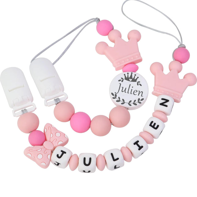 Personalized Pacifier Clip with Name, Customizable Pacifier Clip (2 Pack) (Crown-Pink)