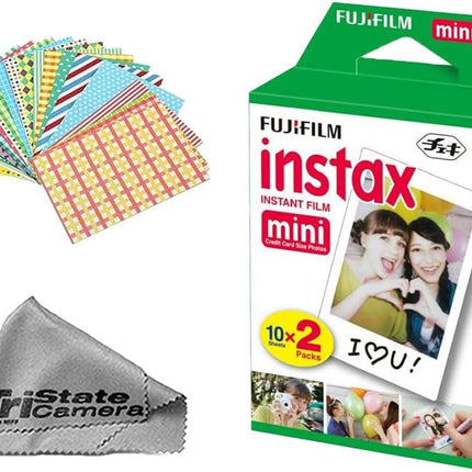 Fujifilm Instax Mini Instant Film (20 Sheets) + 20 Sticker Frames + TSC Microfiber Cleaning Cloth – for Mini 8, 9, 11, 12, 50s, 25, 7s, 90 Cameras & Mini Link