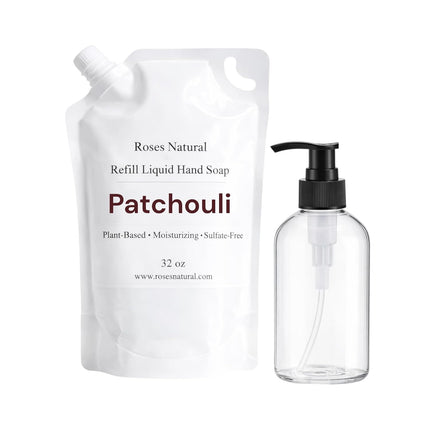 Liquid Hand Soap Starter Set – Plant-Based Moisturizing Hand Wash, Refillable Bottle + 32 oz Refill, Sulfate-Free Gentle Cleanser, Handmade in USA (Patchouli)