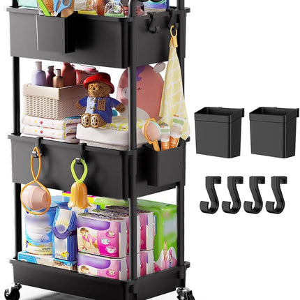 Goovilla Diaper Cart with Lockable Wheels and Easy Assembly, 3 Tier Black Rolling Cart for Baby Nursery Storage, Sturdy Ample Diaper Caddy Organizer for Baby Girl, Boy, New Mom, Newborn Essentials
