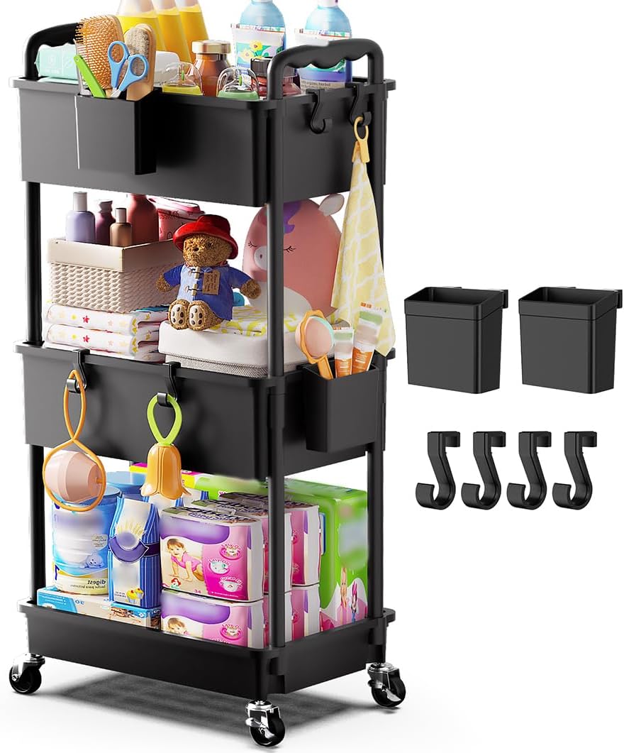 3-Tier Black Rolling Diaper Cart with Lockable Wheels
