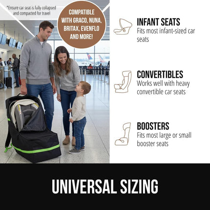GORILLA GRIP Tear and Water Resistant Padded Car Seat Travel Bag for Airplane and Airport, Universal Fit Baby Carseat Bags, Holds Up to 50lbs, Handle & Shoulder Straps, Air Gate Check Carrier, Green