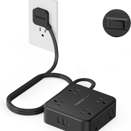 TESSAN Surge Protector Power Strip, 5 Ft Flat Plug Extension Cord with 3 USB (1 USB C) 8 Outlets, 1250W, 900J Protection, 3 Sided Outlet Extender with Power Switch for Office, Dorm Room, Black